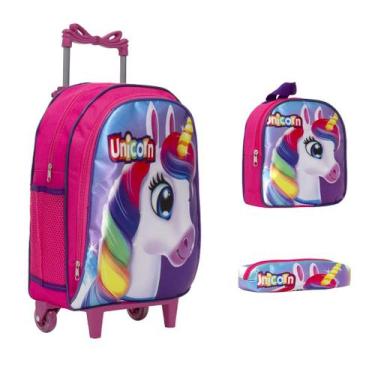 Imagem de Kit Mochila Infantil Rosa Unicórnio Rodinhas Aulas Passeio - Toys 2U