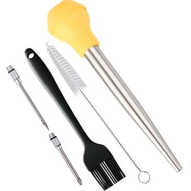 Imagem de Smithcraft Baster de peru amarelo, seringa de aço inoxidável 18/8, conjunto de injetor de carne com 2 agulhas e 2 escovas de limpeza, pastor de peru para sabor de carne de aves, carne bovina e frango