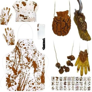 Imagem de Mepase 38 Pcs Halloween Butcher Costumes Set Halloween Broken Halloween Props Chef Apron Tattoo Stickers Fake Eyeballs Hands Feet Brain Halloween Horror Party Favors Supplies