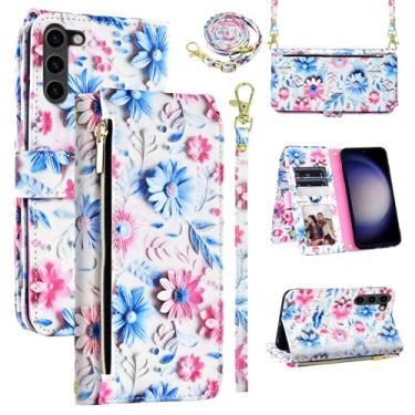 Imagem de Dswteny Capa carteira para Samsung Galaxy S23 Plus S23+ 5G com alça de pulso, zíper floral couro flip suporte capa de celular para S23plus 23S + S 23 23+ SM-S916U 16.8 cm feminino masculino rosa