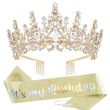 Imagem de TOBATOBA Faixa e tiara It's My Birthday para mulheres e meninas - Faixa de aniversário com glitter dourado, tiara de princesa de cristal, coroa de rainha, coroa de quinze anos