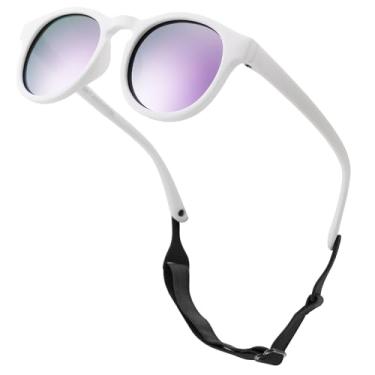 Imagem de Pro Acme Óculos de sol para bebês, armação redonda polarizada com alça, borracha TPEE flexível para recém-nascidos de 0 a 24 meses, Espelhado branco/roxo, Medium