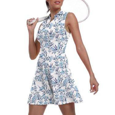 Imagem de Vestido feminino de duas peças para golfe FPS 50+ esportivo esportivo esportivo com bolso e shorts separados, 18 flores azuis, PP