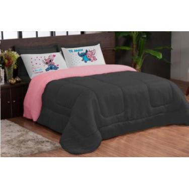 Imagem de Kit Edredom Casal Queen Te Amo 5 pcs Stich Preto Rosa - TheoVitex