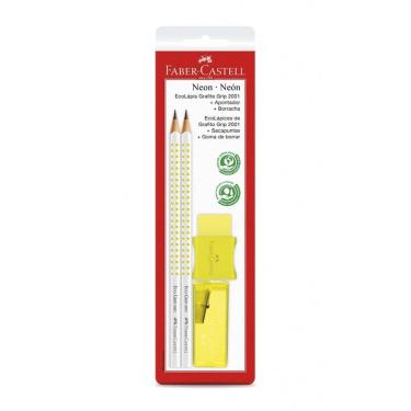 Imagem de Kit Escolar Faber-Castell Ecolápis Grip Amarelo Neon Colors com 2 Lápis + 1 Borracha + 1 Apontador
