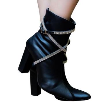 Imagem de BOTA BICO FINO CANO BAIXO PRETA STRASS SALTO GROSSO 10 cm - Splenda , 