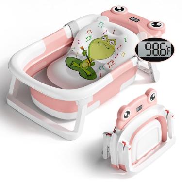Imagem de Banheira de bebê Bunwag dobrável com almofada e termômetro rosa
