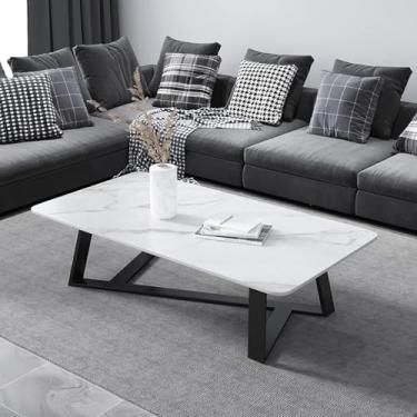 Imagem de Mesa de centro retangular moderna, mesa central de 78 cm para casa com tampo de pedra sinterizada e moldura de aço preta com pernas cruzadas, mesa de sofá para sala de estar, sala de jantar, chá,