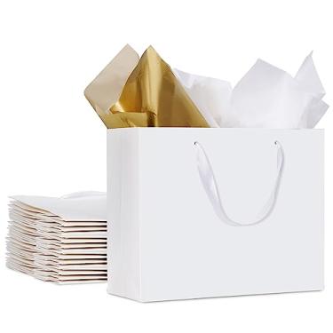 Imagem de Pacote com 12 sacos de presente brancos tamanho grande com papel de seda, saco de papel branco com alças de fita para compras, pequenas empresas, festa nupcial, casamento, Natal e férias (32 x 11 x 25
