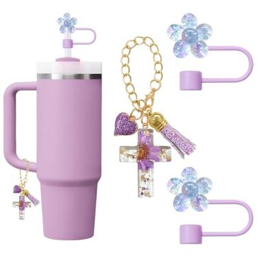 Imagem de 2 peças de tampa de palha para acessórios de copo Stanley 1,134 g com 1 pingente de cruz para Stanley Cup Topper Capas de ponta de palha de silicone (amor roxo)