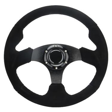 Imagem de YEHICY Volante Universal de Corrida de Carro, Camurça, Couro, 320 Mm, 12,5 Pol., Volante Esportivo Plano, com Costura Preta e Botão de Buzina