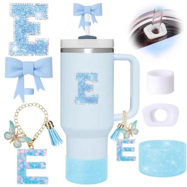 Imagem de Conjunto de 6 peças de acessórios de copo Stanley azul, topo de canudo de arco para copo Stanley 850 g 1,134 g, incluindo cobertura de palha e bota de silicone brilhante, tampas à prova de