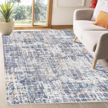 Imagem de Mcadore Tapete abstrato moderno, tapetes laváveis 12 x 18 cm para sala de estar, quarto, escritório, sala de jantar, tapete de decoração interna, tapete macio e fino para crianças (azul claro/marfim)