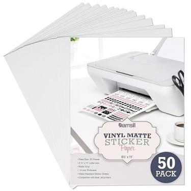 Imagem de Samsill Pacote com 50 papel adesivo branco fosco 21,6 x 28 cm papel adesivo de vinil para impressão a laser de tamanho completo, folhas de etiquetas adesivas, papel adesivo a granel