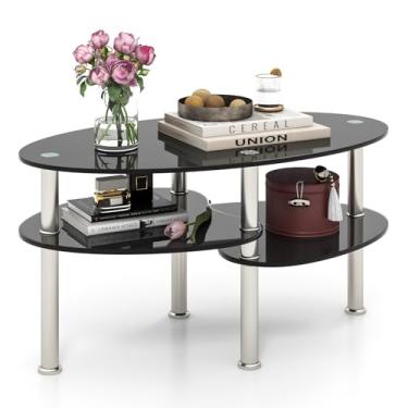 Imagem de Giantex Mesa de centro de vidro oval – Mesa de vidro temperado transparente de 3 camadas com pernas cromadas resistentes, mesa lateral de sofá pequena, mesa de canto para sala de estar, quarto,