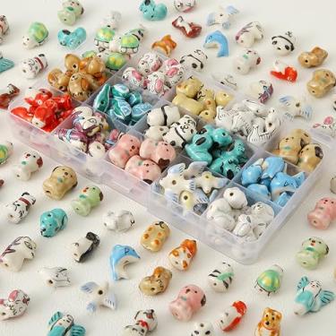 Imagem de 30 peças lindas contas de animais de cerâmica, cão raposa panda golfinho pomba pinguim urso de peixe mistura aleatória espaçador contas feitas à mão contas pintadas de porcelana para fazer joias