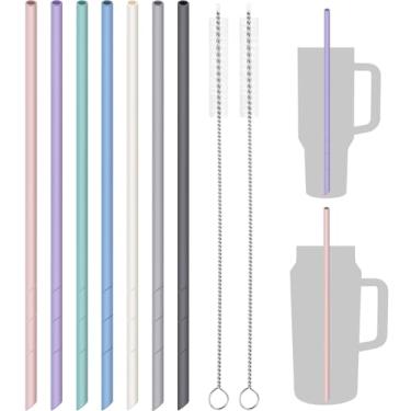 Imagem de NiHome Canudos de silicone de 35,5 cm, pacote com 7 para copos Stanley e garrafas grandes, canudos reutilizáveis de grau alimentício de comprimento personalizável com 2 escovas de limpeza, macios e