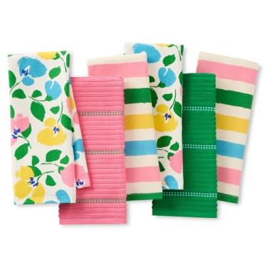 Imagem de Kate Spade New York Conjunto de 6 toalhas de cozinha Painterly Bouquet & Bold Painterly Stripe Conjunto com 6 unidades, absorvente 100% algodão, rosa/verde/azul, 43 x 71 cm