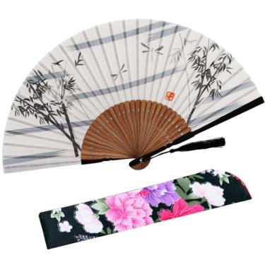 Imagem de STHUAHE Leque portátil para mulheres, dobrável, chinês, japonês, vintage, bambu, seda, leques dobráveis para decoração de igreja de casamento, festival de música de dança (libélulas e bambu)