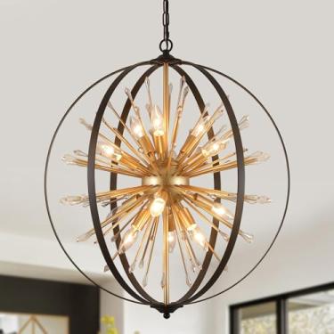 Imagem de MEIXISUE Lustre Sputnik Moderno, Luminária Pendente De Cristal Globo Dourado Preto, Luminária Industrial De 12 Luzes Para Entrada, Hall De Entrada, Cozinha, Sala De Jantar, Sala De Estar, Listada Pe