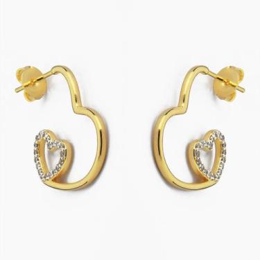 Imagem de Brinco Argola de Coração com Zircônia Banhado a Ouro - Atraktiva Jóias