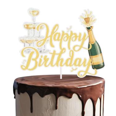 Imagem de Champagne Happy Birthday Cake Topper Glitter Cheers & Beers Wine Glass Cake Decor for Men Women