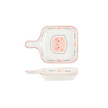 Imagem de Conjunto de pratos de cerâmica de porco fofo de desenho animado, prato doméstico de tigela de arroz de cerâmica de desenho animado - 23 cm de alça única assadeira - porco fofo