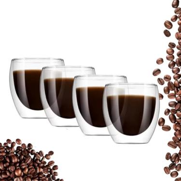 Imagem de Conjunto 4 Copos Duplo 80ml Vidro Elegante Parede Térmica Isolante Café Chá Resistente Estilo Moderno Durável Transparente Design Dupla Camada