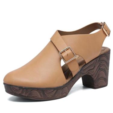 Imagem de Altxic Sandália feminina confortável de salto grosso, bico redondo, fechada, casual, ajustável, com tira, Marrom, 7.5-8