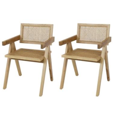 Imagem de Kit 2 Cadeiras de Jantar Madeira com Braço Chandy Assento e Encosto em Palha Trançada para Sala de Estar Varanda Gourmet