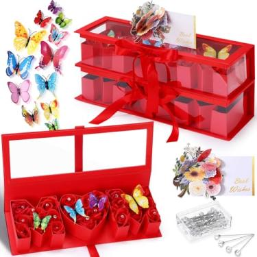 Imagem de Gilprop 2 peças de caixa preenchível em forma de letra para presente de flores de dia das mães com 2 peças de cartão 3D de dia das mães, 50 alfinetes de buquê de cristal, 24 lindas borboletas 3D para