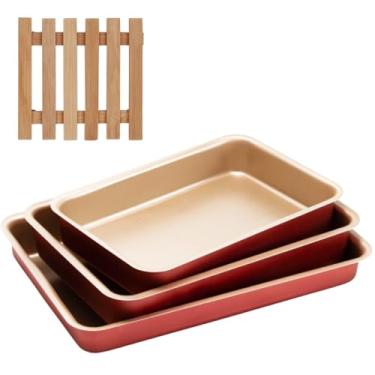 Imagem de Jogo de Assadeiras Forma Retangular 03 Peças Antiaderentes + Descanso de Panela Quadrado Madeira