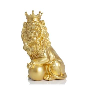 Imagem de AMOIENSIS Estátua de Leão Feng Shui Decoração de Casa Peça de Declaração Real, Presente Masculino Pai Leão Leão, Decoração de Mesa de Escritório em Casa para Homem Estátua Dourada de Leão