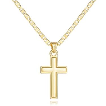 Imagem de GLOSOLE Colar feminino com cruz em ouro 14 K, corrente crucifixa, pingente delicado e sensível, corrente delicada, crucifixo dourado, 28mm, Ouro, Sem Pedra Preciosa