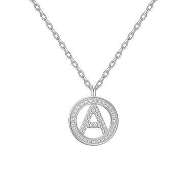 Imagem de EUSJ Colar feminino com inicial de prata 925, banhado a ouro branco 14K, redondo, alfabeto, com pingente de letra com zircônia cúbica, comprimento de corrente de 45,7 cm + 5 cm, presente para mulheres
