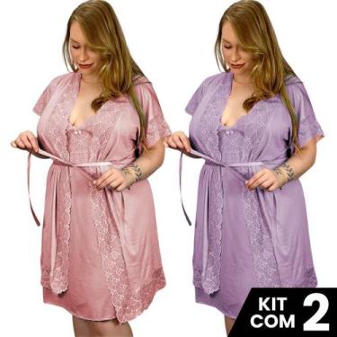 Imagem de Kit 2 Robes e 2 Camisolas Sexy Plus Sedutora Tamanho Grande Confortáve