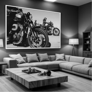 Imagem de Quadro Decorativo com Moldura Sala 90x60 Motos Harley Preto e Branco Luxo Grande Horizontal