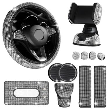 Imagem de MINGZAIQIPEI Pacote com 12 acessórios de carro brilhantes para mulheres, capa de volante com ajuste universal de 38 cm, cinto de segurança, capa de câmbio de marcha, suporte de telefone brilhante,