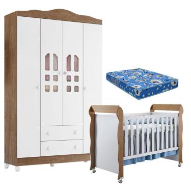 Imagem de Berço Americano Mirelle e Guarda Roupa New Selena 4 Portas Branco Acetinado Amadeirado com Colchão Ortobom – Carolina Móveis