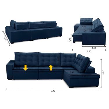 Imagem de Sofá de Canto Retrátil e Reclinável com Molas 3,40x2,00 ld Jacke Suede Azul Madelina Decor