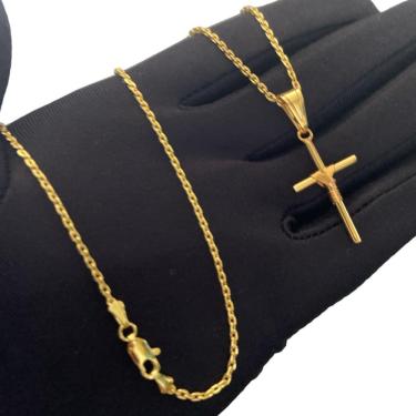 Imagem de Cordão Cadeado 1Mm + Pingente Cruz Fio - Banhado A Ouro 18K
