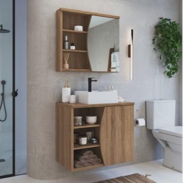 Imagem de Conjunto para Banheiro Gabinete Supenso 70cm com Cuba e Espelheira 1 Porta 3 Nichos Laura