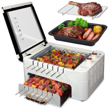 Imagem de Churrasqueira Elétrica de Mesa 3 em 1 com Espetos Giratórios 360º, Parrilla Interna sem Fumaça,XHJ