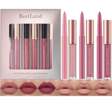 Imagem de BestLand Conjunto de 6 canetas de batom líquido fosco + delineador labial, kits de maquiagem One Step Lips, pigmento aveludado nude, à prova d'água, brilho labial, conjunto de maquiagem para presente