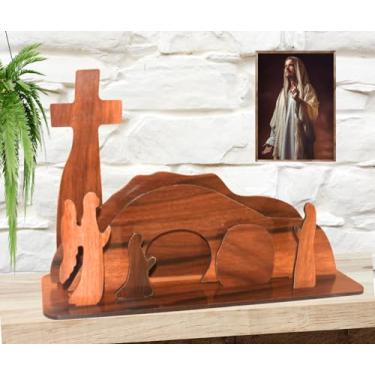 Imagem de Healthy Floyds Cena de Páscoa de tumba vazia de madeira – Decoração de cruz de ressurreição de tumba vazia de madeira para bandeja em camadas, exibição de presépio de Páscoa religiosa, decoração de