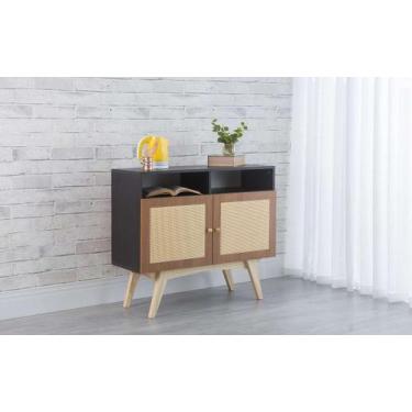 Imagem de Balcão Buffet Mdf Preto Pés Taeda 2 Portas Com Nicho Freijó E Palhinha