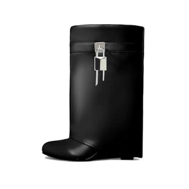 Imagem de keleimusi Botas de salto plataforma dobrável com salto Padlock na altura do joelho botas altas/curtas, Preto 1, 6