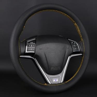 Imagem de Capa de volante universal costurada à mão, envoltório de volante macio, couro de microfibra fino, preto, respirável e confortável, serve para carros SUvs caminhões de 35 a 38 cm, amarelo