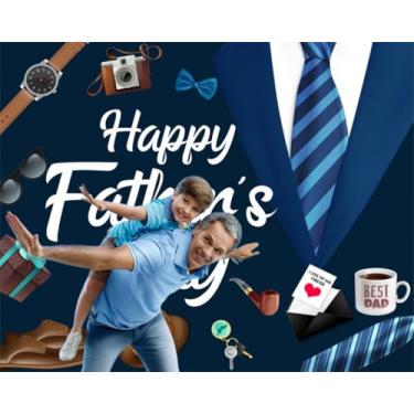 Imagem de Pano de fundo Happy Fathers Day 3 x 2,4 m gravata azul para terno I Love Dad Fathers Day Backdrops for Photography Tools Hat Thank You Party Decoration Photo Props