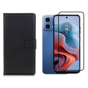 Imagem de Kit Capa Carteira Case Flip Preta + Película 3D de Vidro para Para Mot